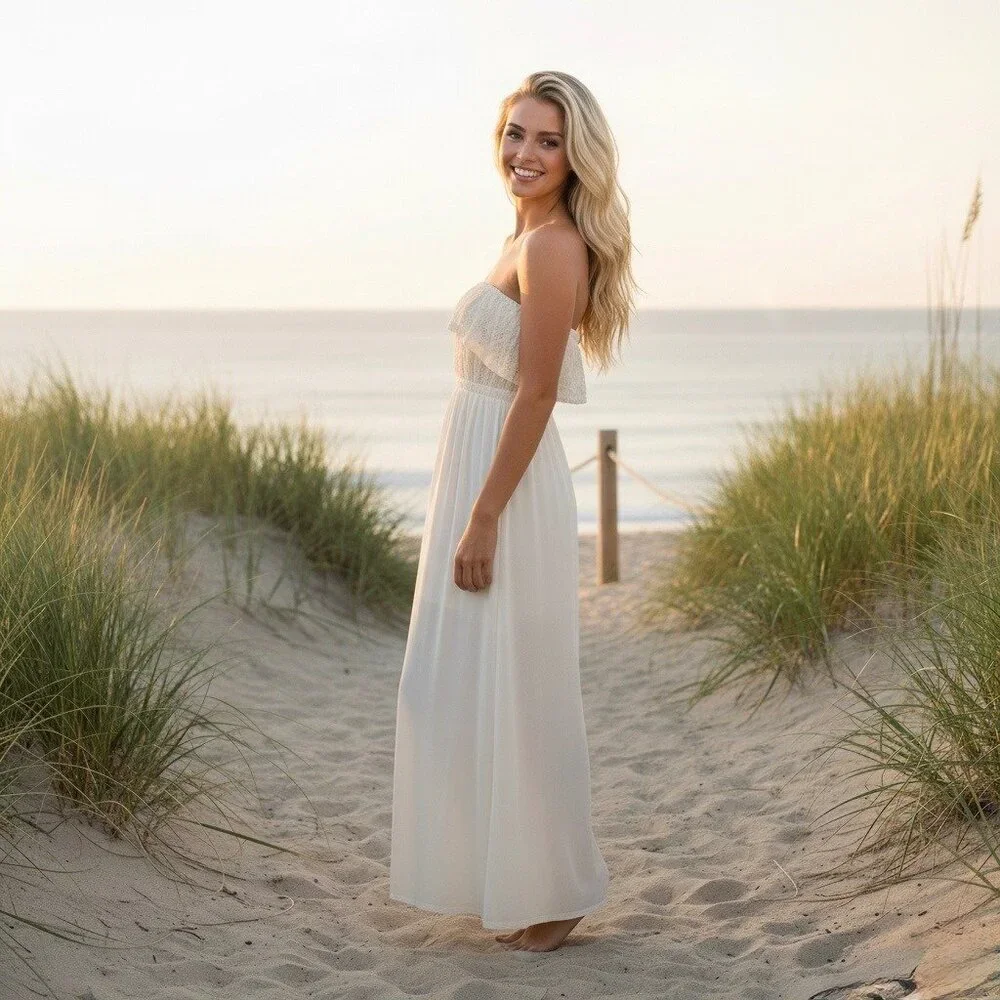 Vtg F21 Cream Lace Ruffle Hem Strapless Maxi Dress | Y2K Coquette Coastal Boho S - Picture 6 of 16